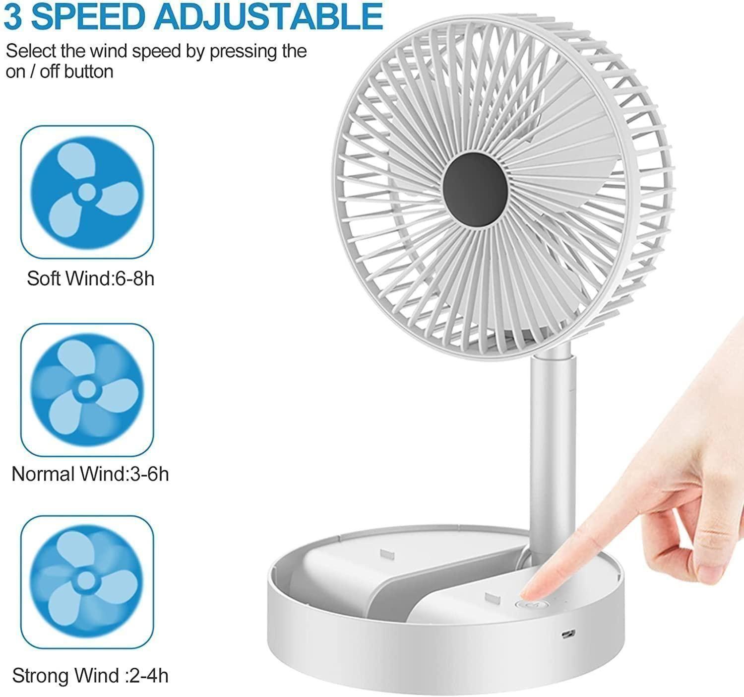 Table Fan (White) – Portable Folding, Rechargeable USB Type-C Fan with 3 Speed Setting